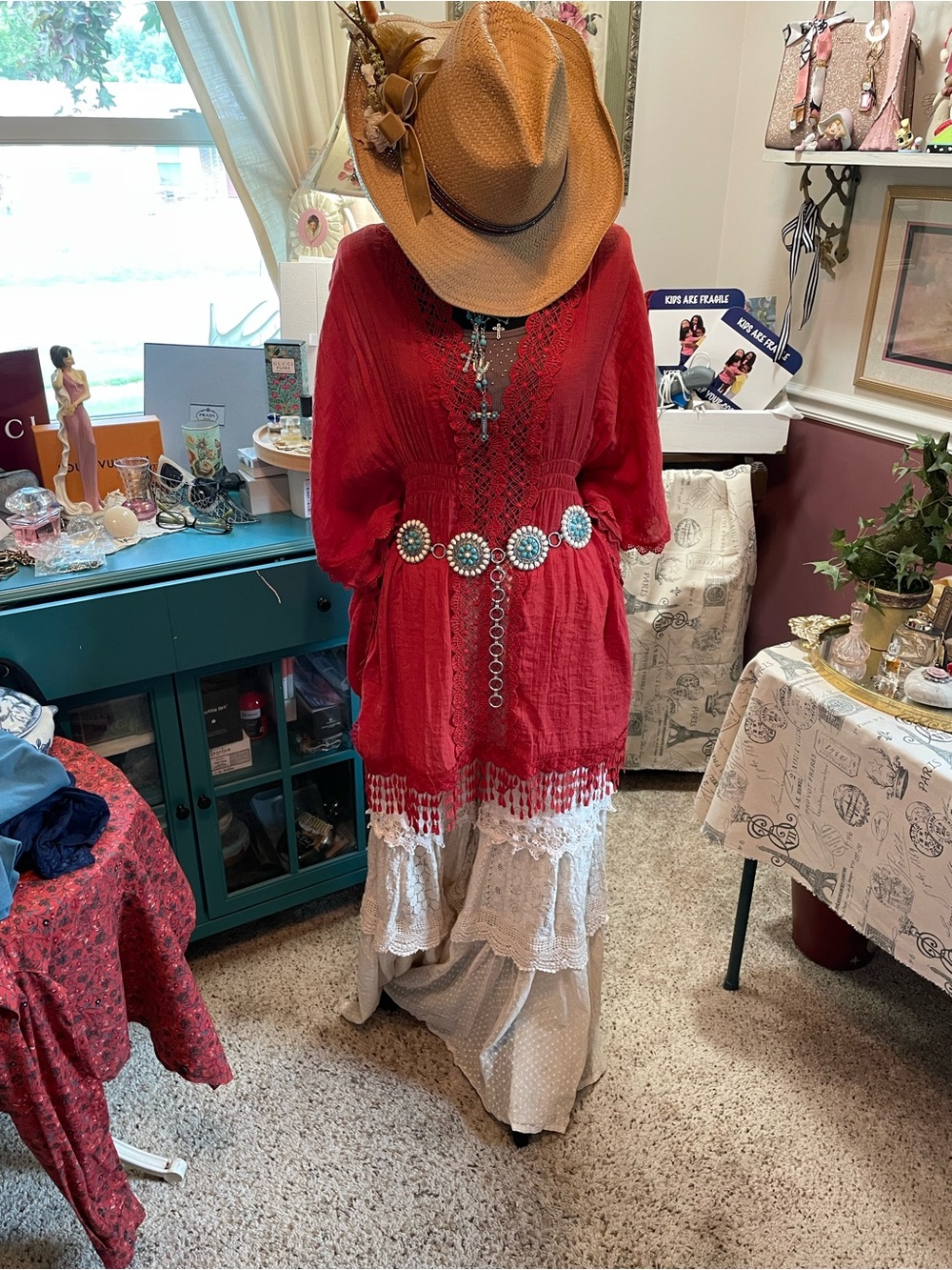 Boho Lace-Trim Rust Women's Top with Tassel Hem - Picture 17 of 17